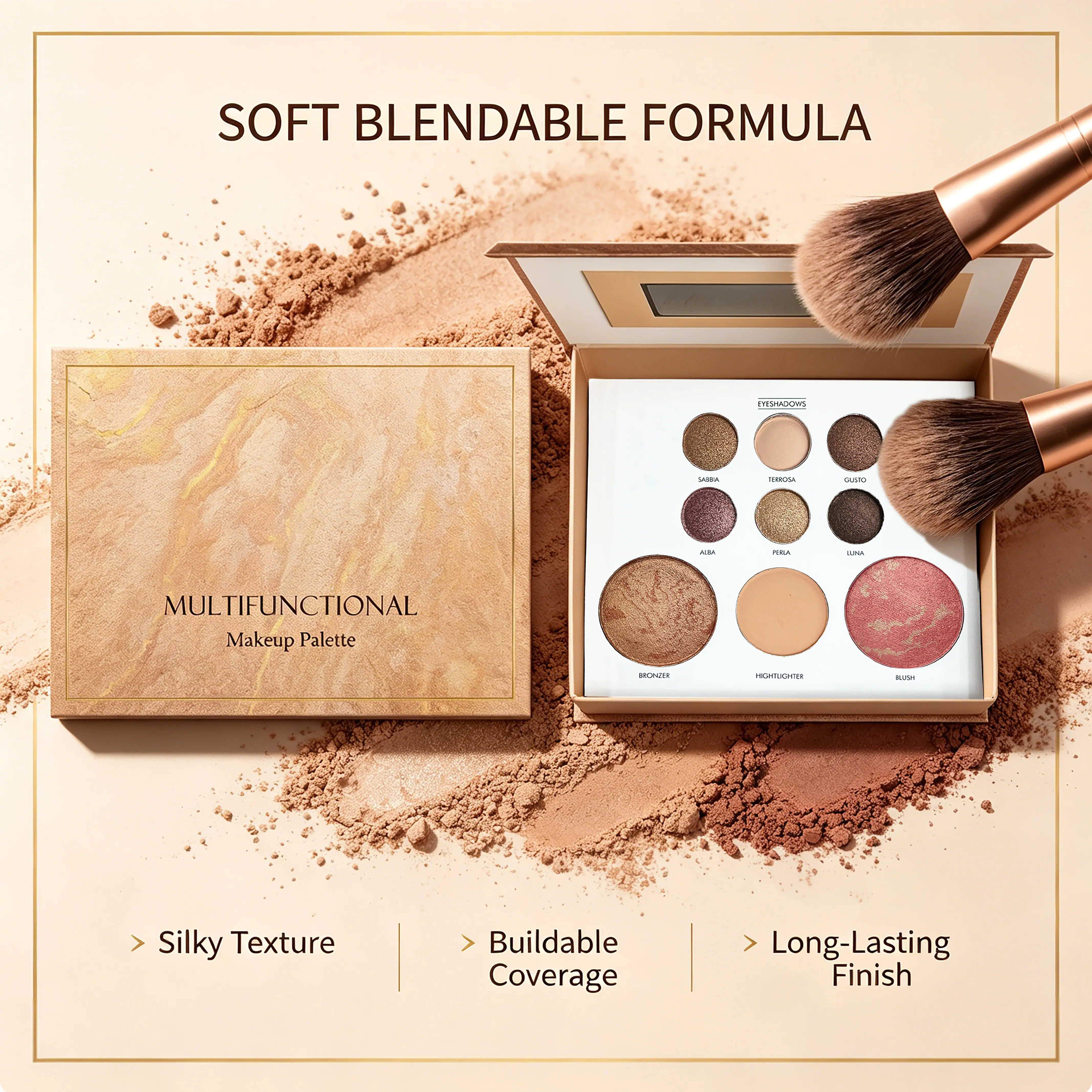 Baked Brightening Powder Palette, Multiuse Formula for Glowing Makeup - Easy Blend Highlighter, Blush, Contour & Eyeshadow for Adults, Multiuse Palette, Single Item, All Skin Types, Cosmetic, Compact