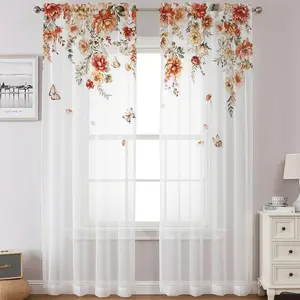 Floral & Butterfly Print Curtain, Lightweight Soft Translucent Window Curtain, Rod Pocket Design Suitable for Art Deco Home