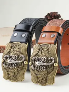 Scorpion Roll Edge Buckle 3.7cm Wide Belt, Unisex Fashion Western Style Waistband, Trendy Accessory for Men and Women
