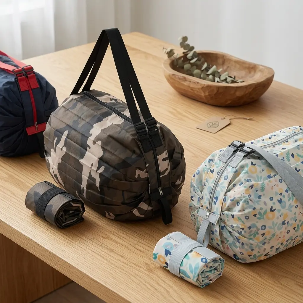 Roll-Up Foldable  Bag，Large Capacity Portable Duffel Travel Bag  Waterproof Ultra Lightweight 3.5oz Compact Shopping Bag for Groceries Gym Beach Weekender Bag Pink Green Camo Floral Navy Durable Vertical Reinforcement Strap Packable Pouch Tote