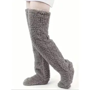 Warm plush knee-high socks, high-top floor socks, cozy home casual socks, fitted plain pattern, fall and winter season