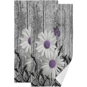 Rustic Floral Hand Towels for Bathroom Set of 2,Absorbent White Purple Daisy Flower Butterfly Gray Barn Farmhouse Kitchen  14"x28",Decorative Bathroom Towels for Bath,Guest,Face,Shower