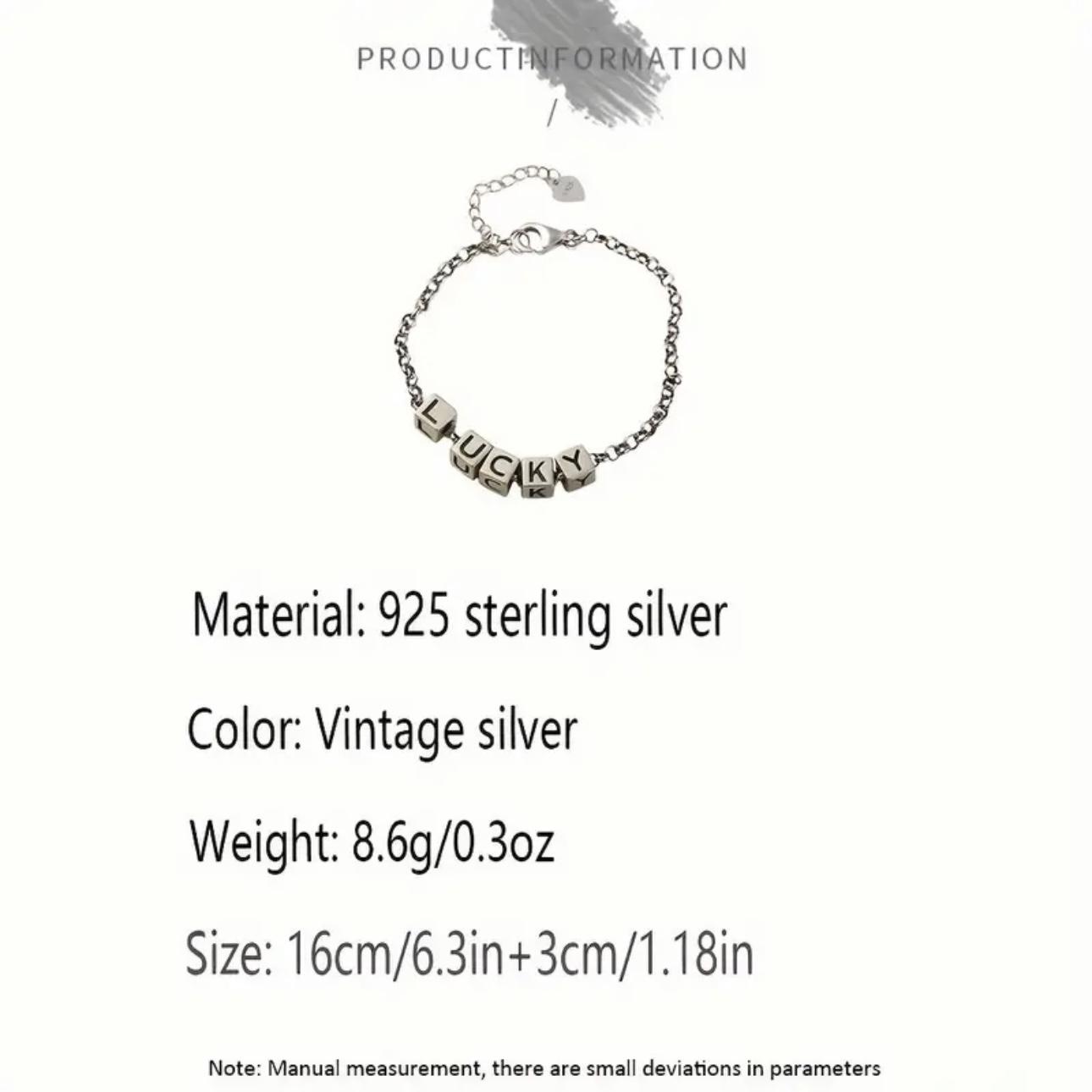 925 Sterling Silver Lucky Charm Bracelet: Geometric Cubes with English Letters, Perfect for Everyday and Party Wear