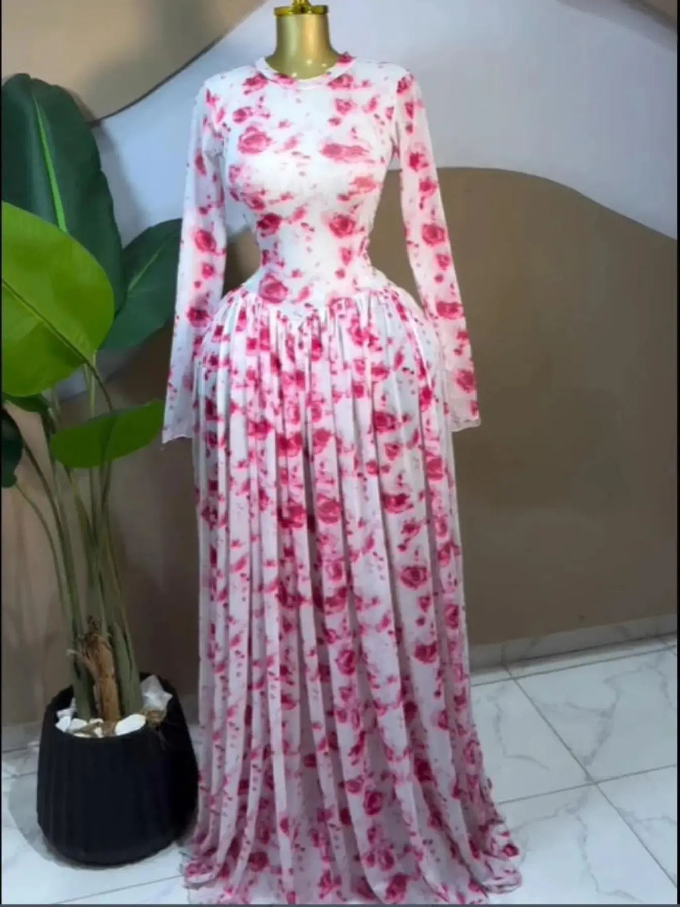 Women Long Sleeve Tie Dye Print O Neck A Line Prom Dress Formal Maxi Beach Lounge Multi