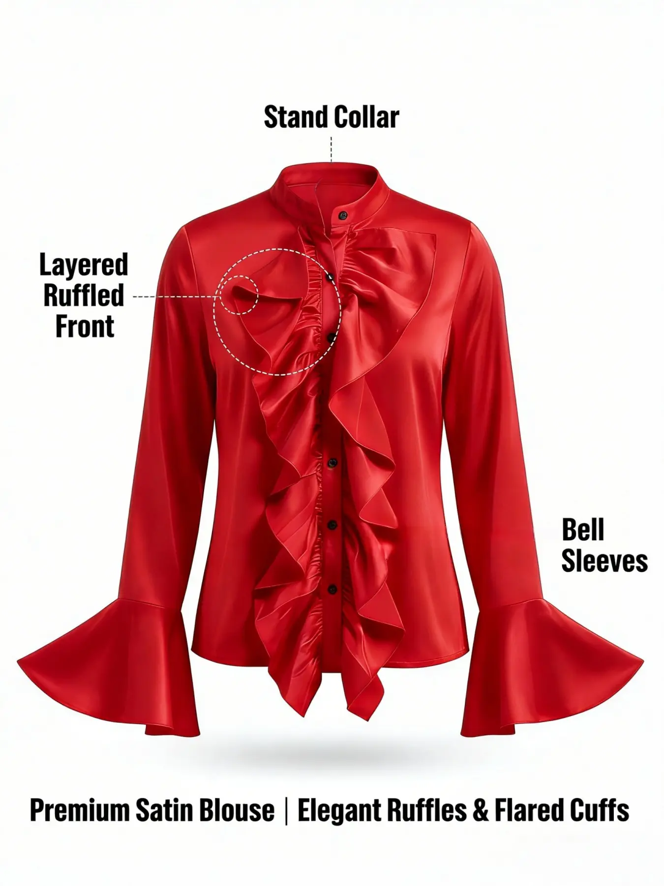 Spicy Coquette Red Satin Ruffle Bow Mandarin Collar Flare Sleeve Blouse Vintage French Red Satin Ruffle Bow Mandarin Collar Flare Sleeve Retro Blouse Chill Casual Red Satin Ruffle Bow Mandarin Collar Flare Sleeve Office Blouse