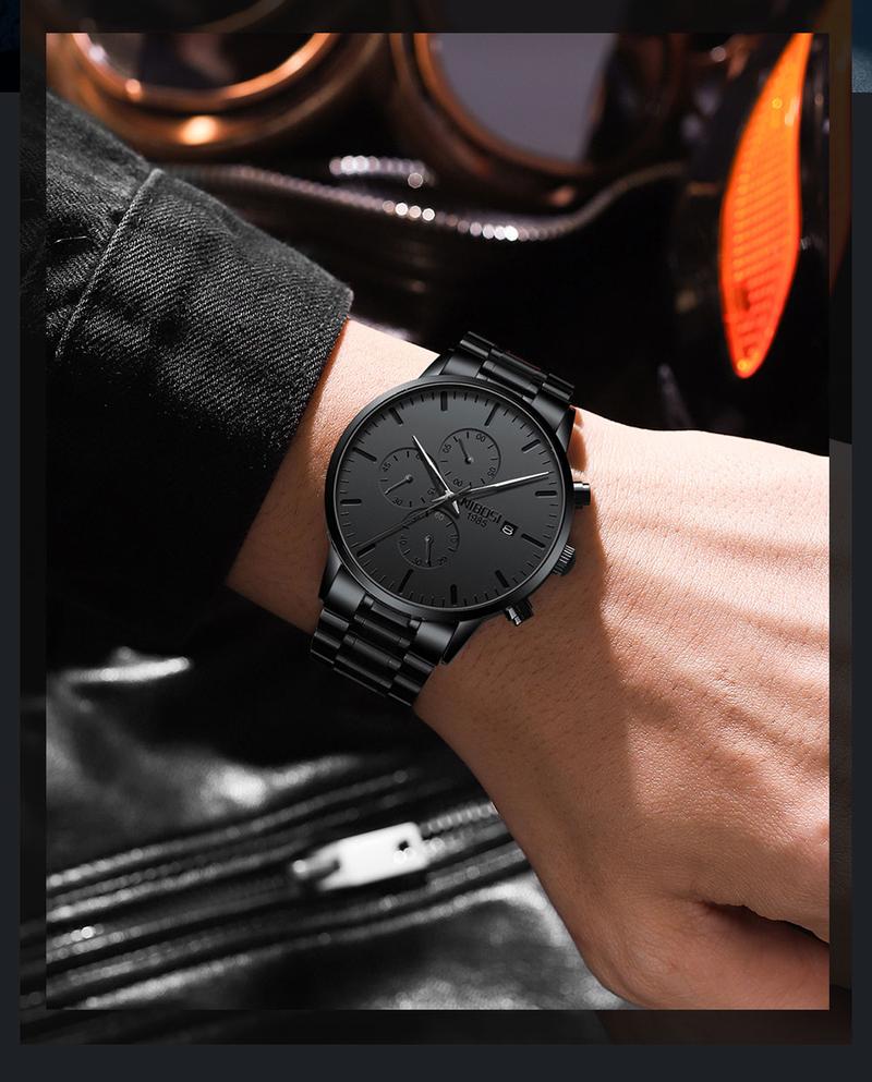 【Clearance sale】NIBOSI Men's Watches Analog Minimalist Black Dial Watches for Men Business Chronograph Military Casual Wrist Watches Stainless Steel Strap Date