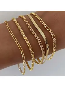 5PCS Waterproof 14K Real Gold Plated Jewelry Set for Women, Trendy Thin Dainty Stackable Cuban Link & Paperclip Chain Bracelet Pack, Non-Tarnish Durable Stylish Fashion Accessories, Perfect Christmas Gift for Family Friends