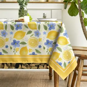 2D Flat Party Tablecloth 1pc, Summer Rectangular Tablecloth, Lemon Jasmine Leaf Blue Seasonal Tablecloth, for Parties Picnics Dinners Decor