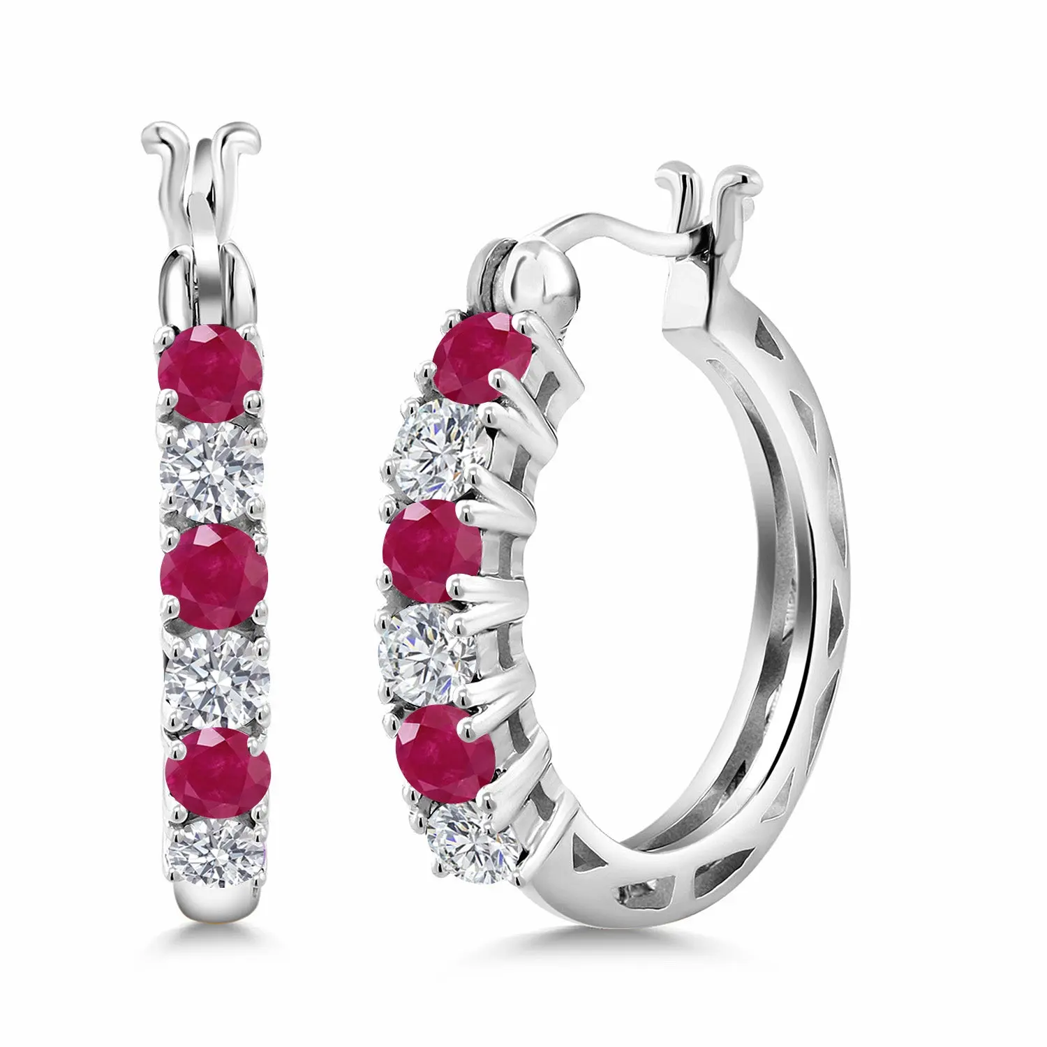1.59 Cttw Red Ruby and Lab Grown Diamond Hoop Earrings for Women | 925 Sterling Silver | Gemstone July Birthstone | Round 3MM | 22MM = 0.85 Inches Diameter