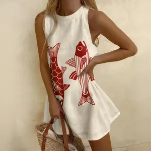 Abstract Fish Print Wave Edge Mini Dress,ukiyo-E Style Dress, with Koi Fish Pattern, Simple Pattern Print, Fashionable Women's Dress, Spring & Summer Women's Clothing