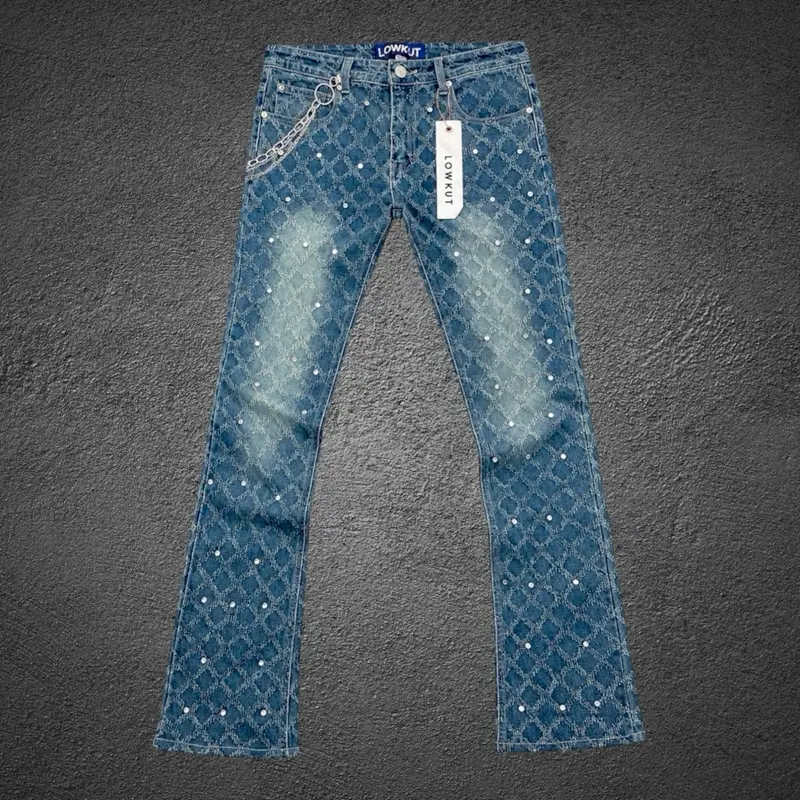 Men’s Rhinestone Flare Jeans Blue Streetwear Designer Denim
