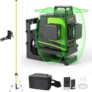 Huepar 3D Green Beam Self-Leveling Laser Level 3 x 360 Cross Line Laser Tool with 12 Feet Telescoping Pole -Two 360 Vertical and One 360 Horizontal Line -Magnetic Pivoting Base GF360G & LP36