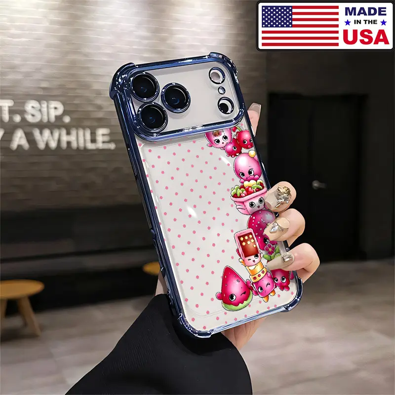 Cute Pink Cartoon Fruit Character Polka Dot Aesthetic Customized Silicone Phone Case - Heavy Duty Shockproof Protector for iPhone 17,16,15,14,13,12 Plus Pro Max Ultra & Samsung 22,23,24,25 Plus Pro Max Ultra - Vintage Unique Gift for Girls