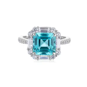 Neon Blue Paraiba Tourmaline Ring,Asscher Cut Halo Engagement Ring,Baguette CZ Accent Ring,S925 Sterling Silver Engagement Ring,Gift for Her