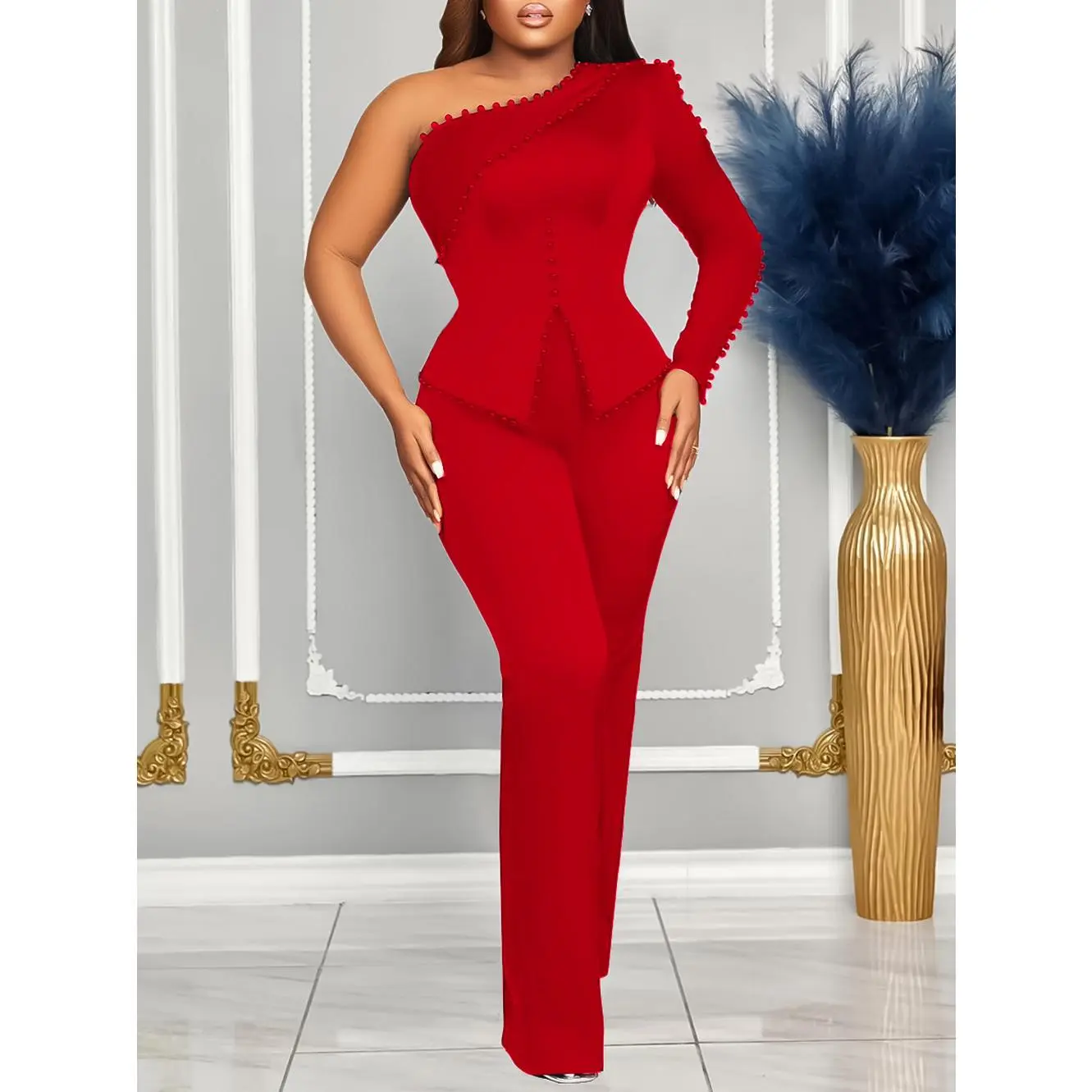 Women's 2-Piece Pants Set, Elegant Red 1-Shoulder Peplum Blazer with Ruffled Trim and Slim-Fit Trousers for Formal Work, Elegance, Matching, Formal Wear, Suit, Plus Size, Blazer & Pants, Regular Sleeve, Below The Ankle, Business, Long Sleeve, Normal Type