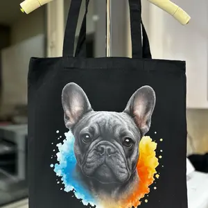 Black French Bulldog Canvas Tote Bag with Colorful Watercolor Design