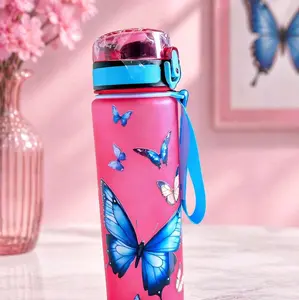 Butterfly Design Reusable Portable Water Bottle Tumbler - Pink Body, Blue Strap, Washable for Hydration and Style, Water Bottles