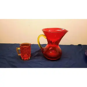 Fenton Hobnail Amberina Creamer Mini Pitcher & Crackle Glass Pitcher