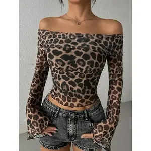 casual outfits women Women's Leopard Print Lettuce Trim Off Shoulder Crop Tee, Fashion Casual Flounce Sleeve T-shirt for Daily Outdoor Wear, Women Clothing for Fall & Winter Valentine's Day, Gift, Womenswear