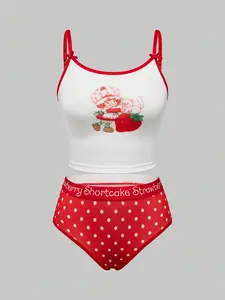 Strawberry Shortcake | Women’s Cartoon Strawberry Print Bra and Brief Set – Cute and Comfortable Christmas-Themed Lingerie