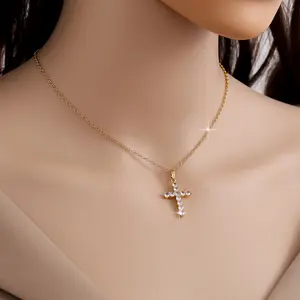 Cross And Heart Initial Letter Necklace, Gold Plated Alloy Pendant With Sparkling Rhinestone, Elegant Fashion Jewelry for Women, Stylish Accessories for Daily Casual Wear, Party And Gifting