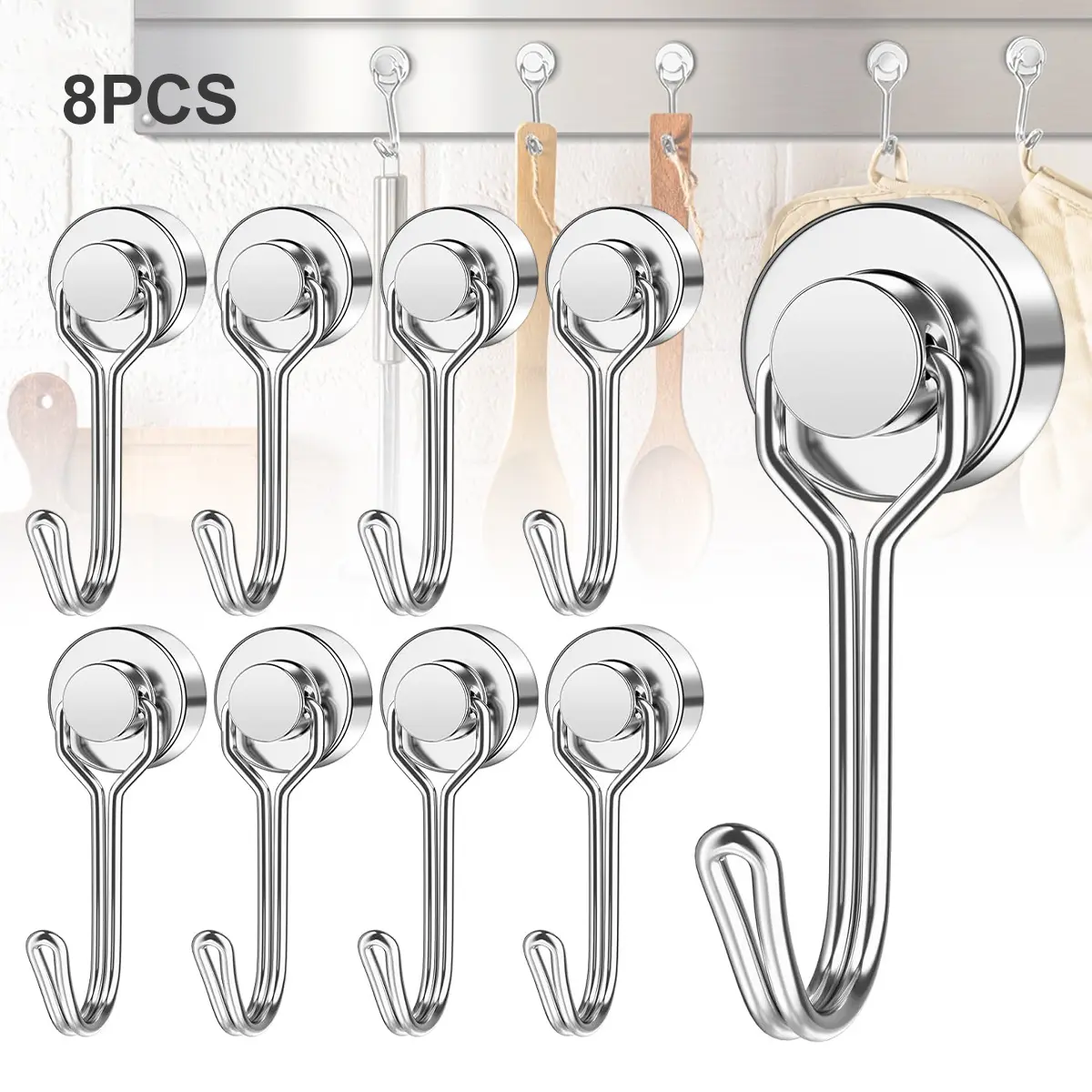 8 Pack Swivel Swing Magnetic Hook 30LBS Heavy Duty Magnetic Hooks Strong Neodymium Magnet Hook for Hanging, Perfect for Refrigerator and Other Magnetic Surfaces