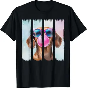 Doxie Dog Blowing Bubblegum Wearing Glasses Cute Dachshund Casual Short Sleeve Cotton T-Shirt