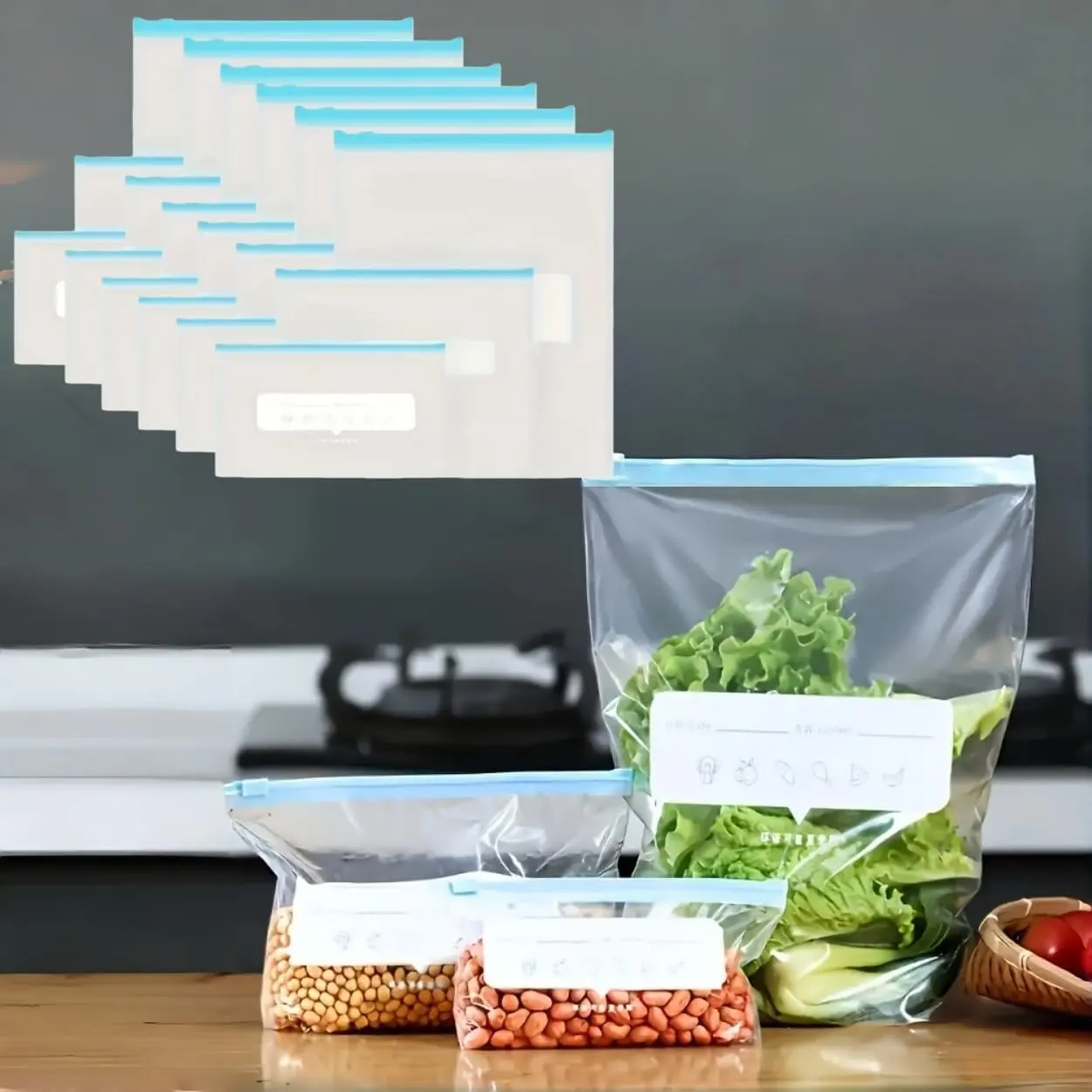Food storage bag, 60 zippered airtight bags, plastic fresh-keeping bag for household refrigerators, self sealing storage bag for packaging, zipper sliding lock bag, household kitchen, reusable food storage bag (10 large, 30 medium, 20 small)