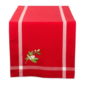 Design Imports Red Embroidered Mistletoe Tableunner 14x72