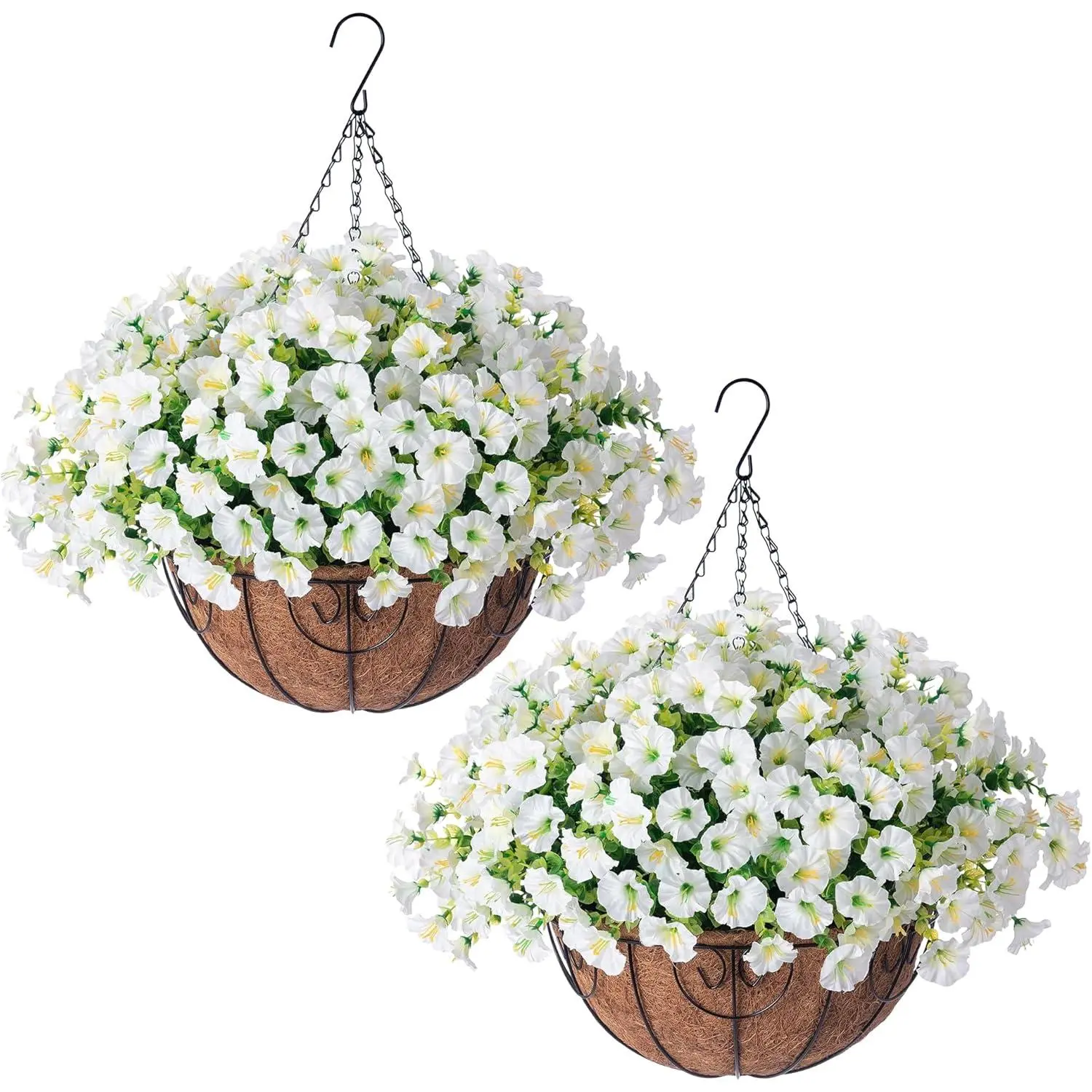 2 Set UV Resistant All Weather Artificial Hanging Baskets for Front Door, 12" x 12" x 5.9" Outdoor Hanging Planters with 24 Faux Silk White Morning Glory Flowers & 2 Green Hats for Patio Floral Decor