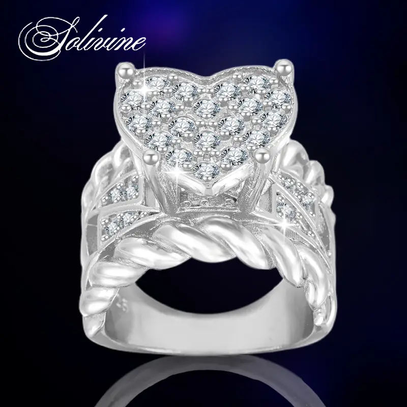 SOLIVINE Heart Cluster Ring - S925 Sterling Silver with 5A CZ Stone Pavé-Set, Bo...