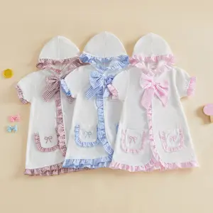 Babamoon Kids Baby Girls Swim Cover Up Short Sleeve Hooded Plaid Dress Kids Pool Beach Robe for Summer 1-6 Years