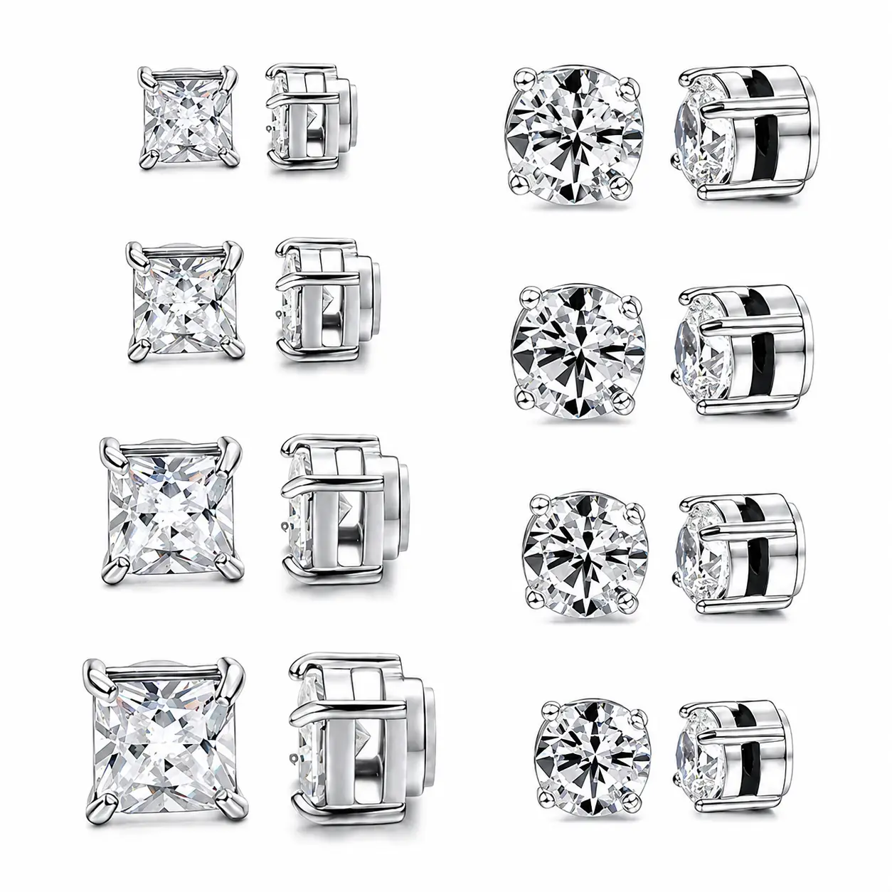 Magnetic Fashion Stud Earrings with Cubic Zirconia, Unisex 5-8MM, Non-Piercing Polished Stainless Steel for a Pierced Look