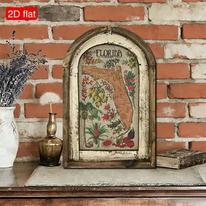 2D flat, 1 piece of Florida map wall decoration, arched window frame wooden art-printed decorative sign, citrus decoration