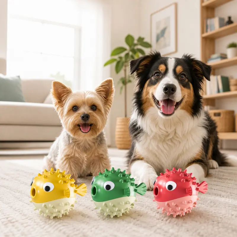 Thermoplastic Rubber Pufferfish Treat Dispenser Dog Toy with Bell - Safe Squeaky Chew Toy for Small-Medium Dogs, Interactive Fetch, Teeth Cleaning Texture, Boredom Relief