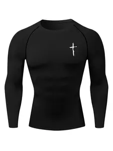 Cross Print Men's Long Sleeve Compression Shirt Baselayers Undershirts, Spring & Fall Quick-Dry Breathable Gym Running Workout Sports Tops, Sporty Style Design, Athletic Compression Shirts