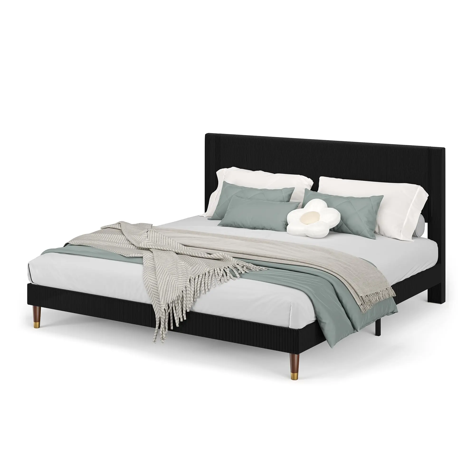 Garvee King Size Corduroy Upholstered Platform Bed Frame with Headboard - Modern Fabric, 800 lbs Sturdy Metal & Wooden Slats Support, Noise-Free Sleep, No Box Spring Needed, Easy Assembly Required, Ideal for Guest Room & Kids' Room, Black