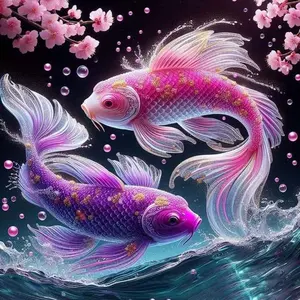 5D DIY Diamond Painting Kit, Cartoon Koi Fish Sakura Wave Design, Full Round Drill Mosaic Art, Home Decor Gift, Creative Needlework Craft