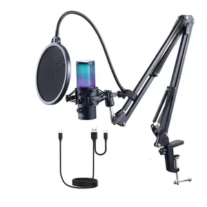 【Summervibes】VEVOR USB Microphone, 192 kHz/24-bit, Professional Condenser Microphone Kit with Boom Arm Stand Pop Filter Shock Mount, 11 RGB Lighting Effects Mute Button Headphones Jack for Recording Gaming Singing  VEVOR Super Brand Day