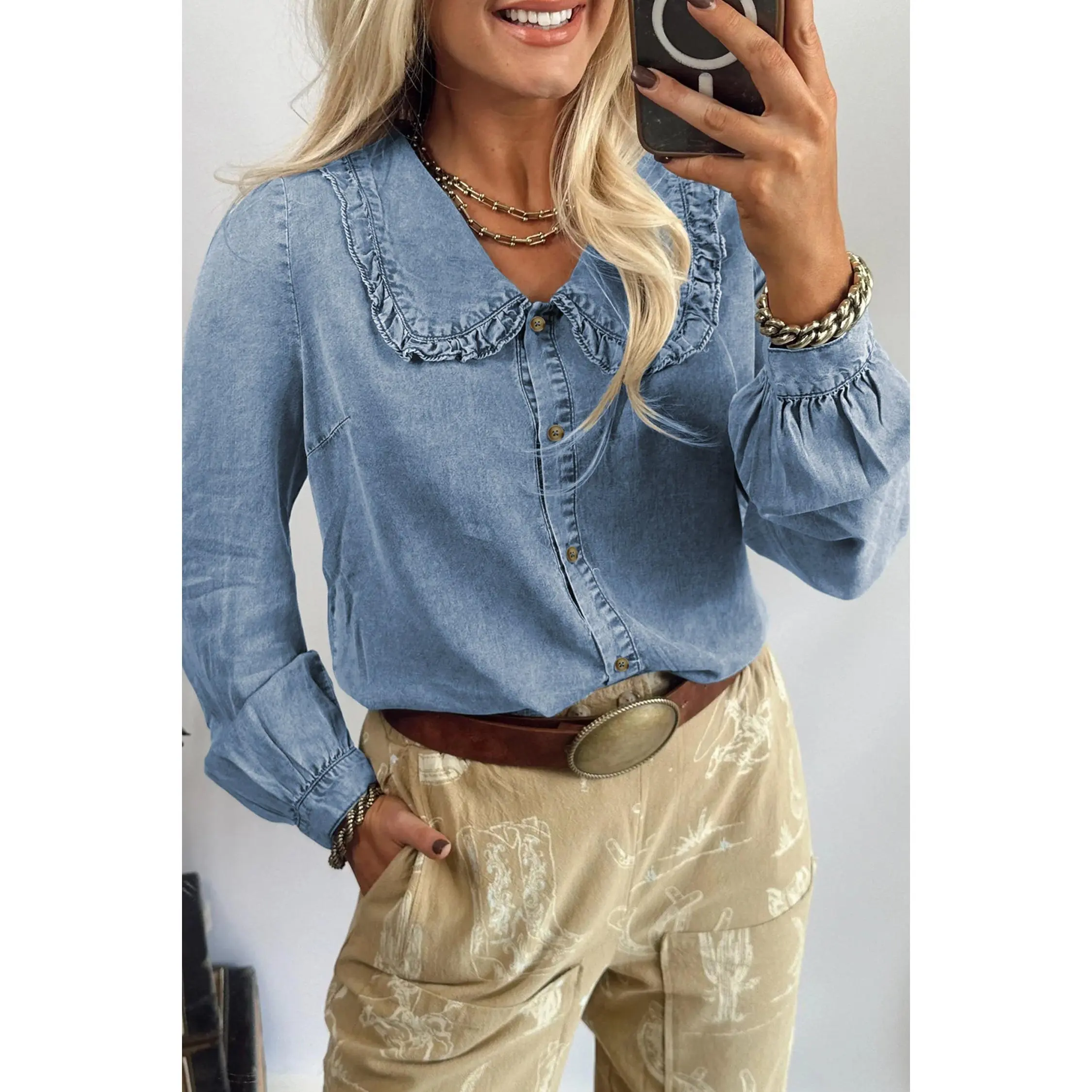 Beau Blue Ruffled Peter Pan Collar Western Denim Shirt