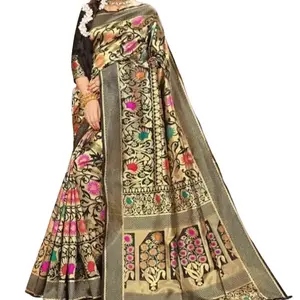 Banarasi Silk Floral Print Saree with Unstitched Blouse Piece Traditional Modern Womenswear for Wedding Parties