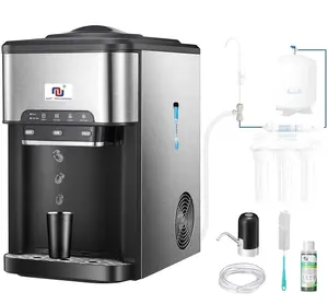 NUNET 3-in-1 Ice Maker Water Dispenser Water Cooler Filled by Water Line w. 10ft Water Inlet Hose 1/2" &1/4" Connector Hot/Cold Water Ready Makes 44 lbs Ice Daily Stores 4lb Ice