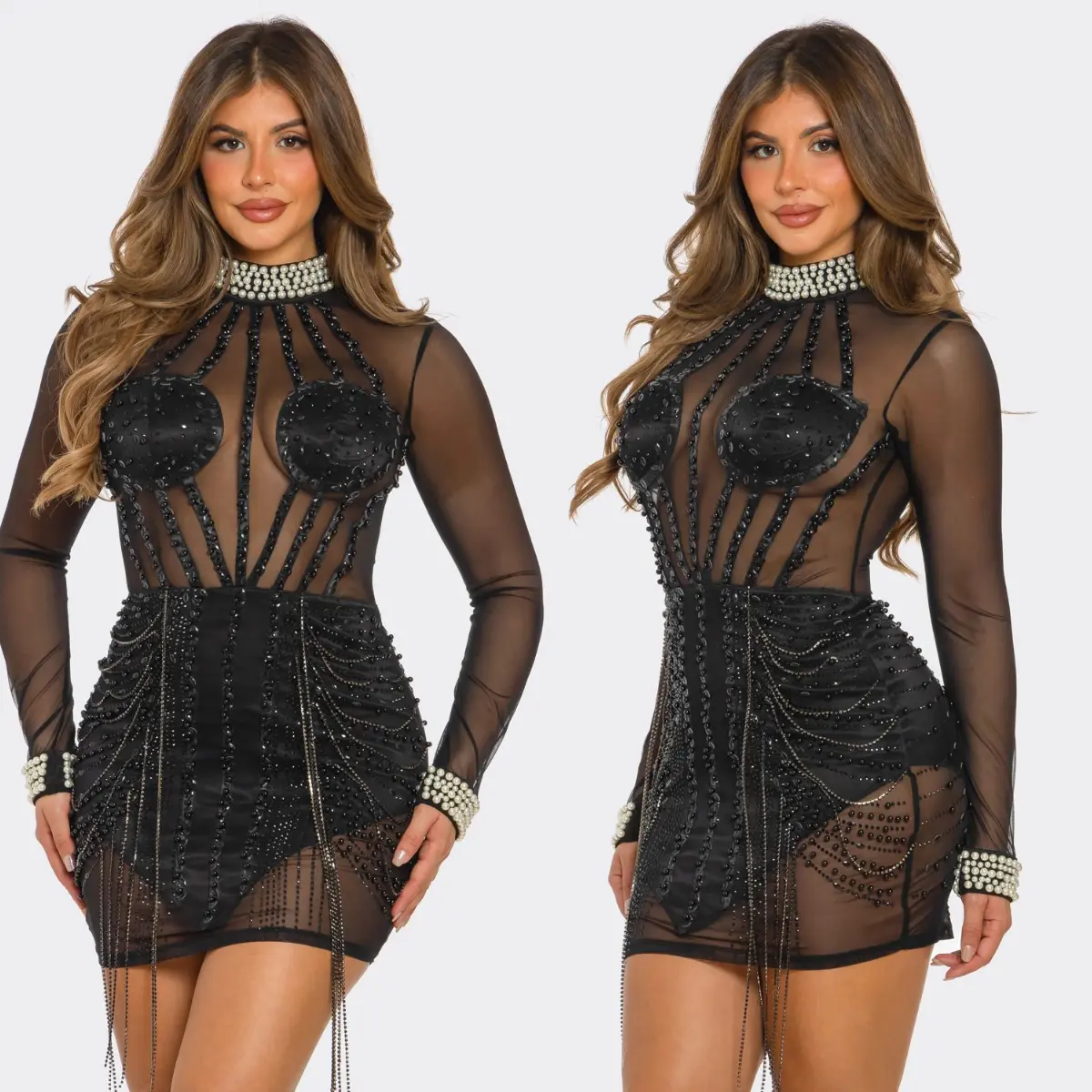 Midnight Heiress Crystal Mesh Mini Dress | Sheer Rhinestone Bodycon Party Dress
