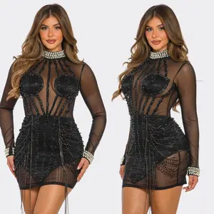 Midnight Heiress Crystal Mesh Mini Dress | Sheer Rhinestone Bodycon Party Dress