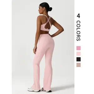 Two-Piece Women's Solid Colour Cross-straps Heart-shaped Cutout Stitching Support Design, Backless Removable Bra Period Pads Sports Bra, Cross High Waist Sports Bellbottoms With Pockets, Suitable for Fitness and Sports Wear, Fitness Sport Outfits