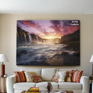 2D Flat, Twin Waterfall Wall - Vintage Suitable for Living Room, Bedroom, Office Decor - Wrap-Around Wood Frame / Scene with Cliffs & Mist, Retro for Decoration, 2D Flat	