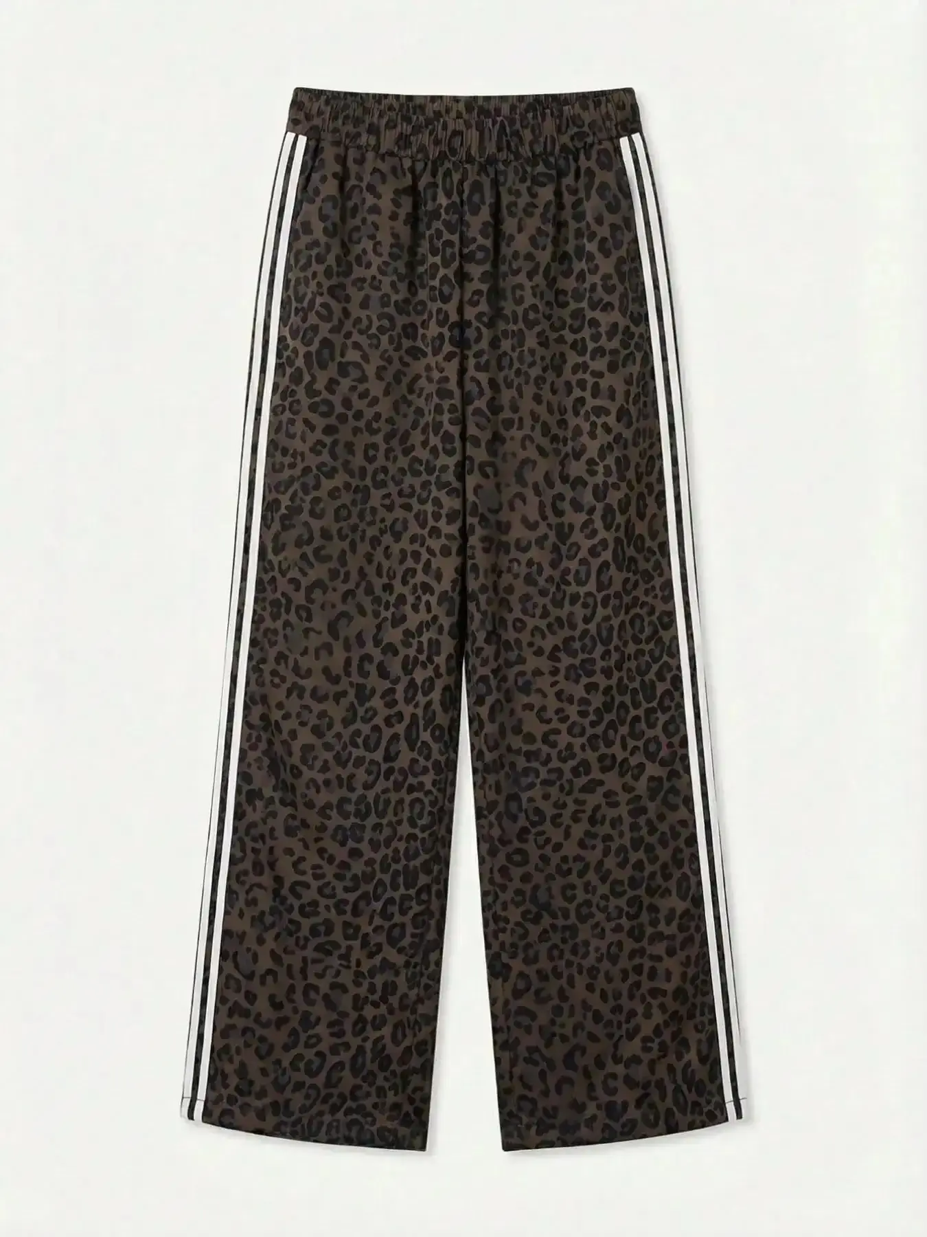 Versatile Leopard Print Track Pants Plus Size Casual Drawstring Waist Wide-Leg Joggers with White Stripes, Y2K Clothes Summer Daily Wear, Comfy Comfortable Relaxed Fit Trousers, Stylish Pattern Detail Party
