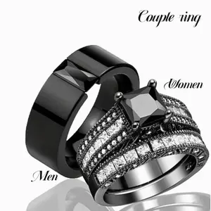 1/2 Romantic Couple Ring Set - Wedding Ring, Engagement Ring Unique Design, Black Zinc Alloy & CZ Stone Material - Symbol of Eternal Love" Gift