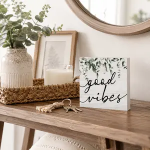 Botanical Eucalyptus Leaves Wood Box Sign Desk Decor, Rustic Eucalyptus Leaves Wooden Block Box Sign Decoration For Home Office Shelf Table Decor，DealsForYouDays ,SummerWins