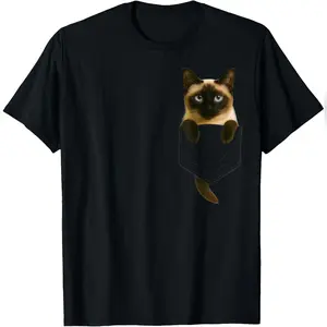 Siamese Cat Pocket Funny Gifts Cat Mom Dad Lover T-Shirt Relaxed Fit Cotton T-Shirt
